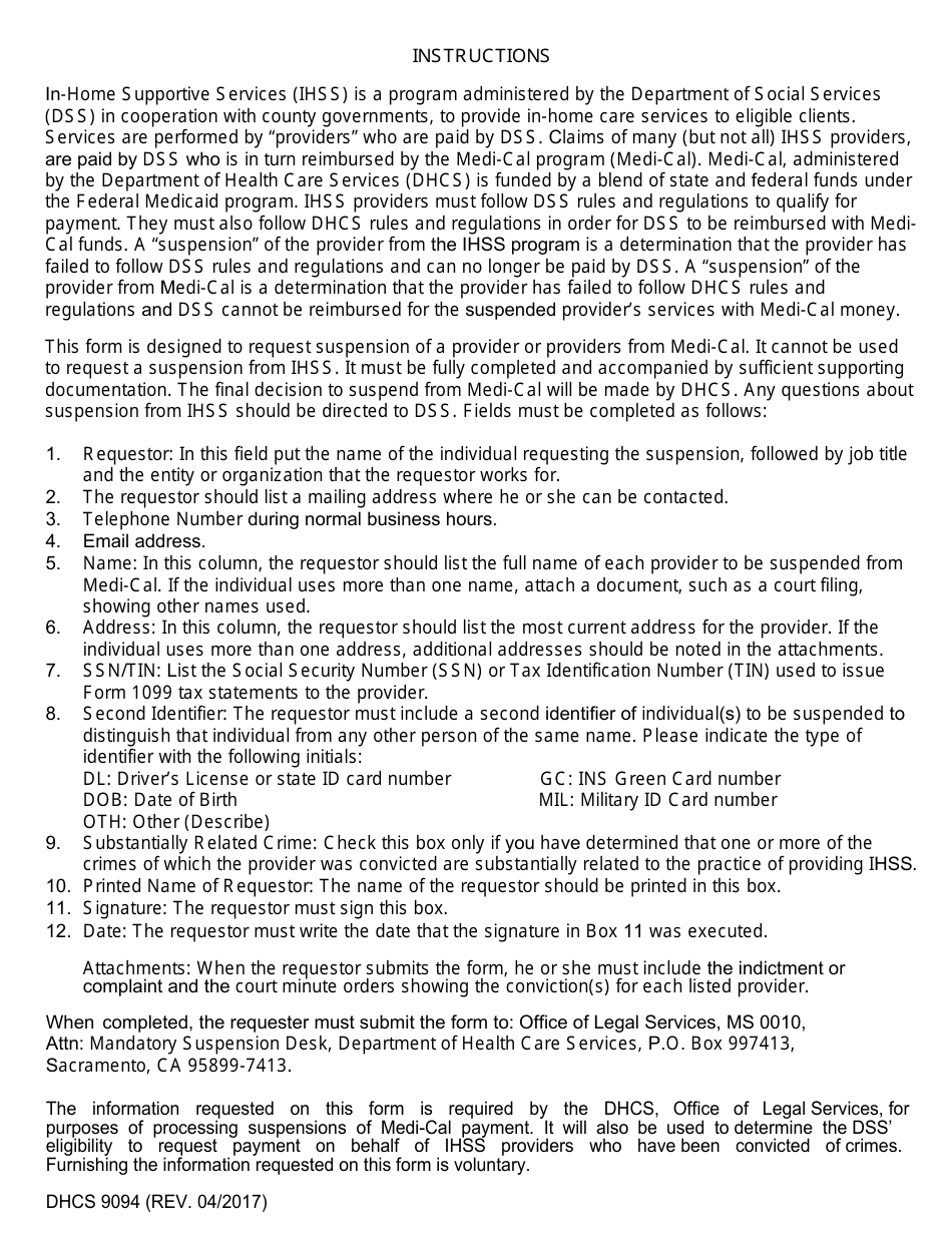 Form DHCS9094 Request for Suspension of Medi-Cal Payment Eligibility - California, Page 2