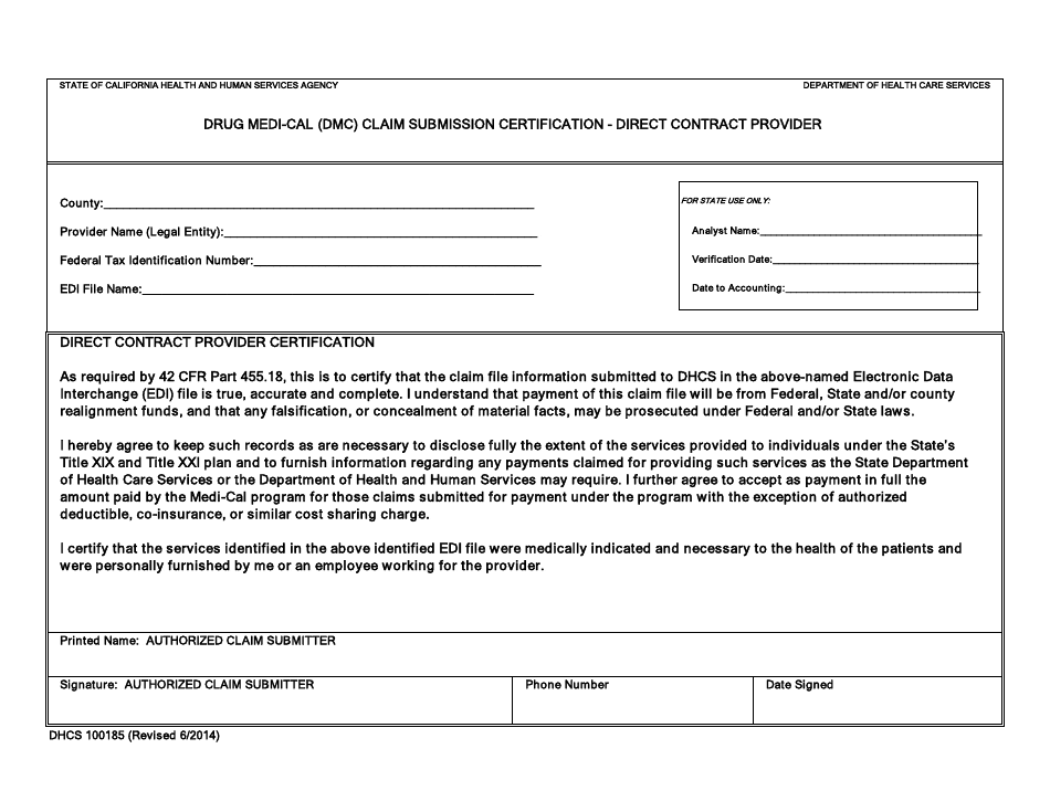 Form DHCS100185 Fill Out, Sign Online and Download Fillable PDF