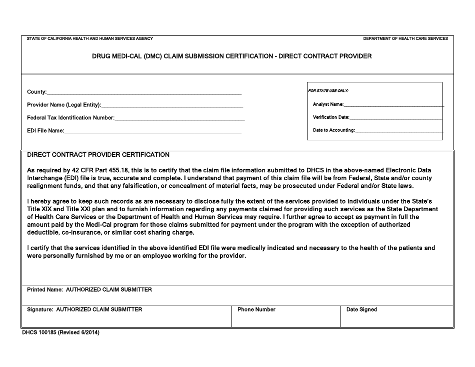 Form DHCS100185 Drug Medi-Cal (Dmc) Claim Submission Certification - Direct Contract Provider - California, Page 1