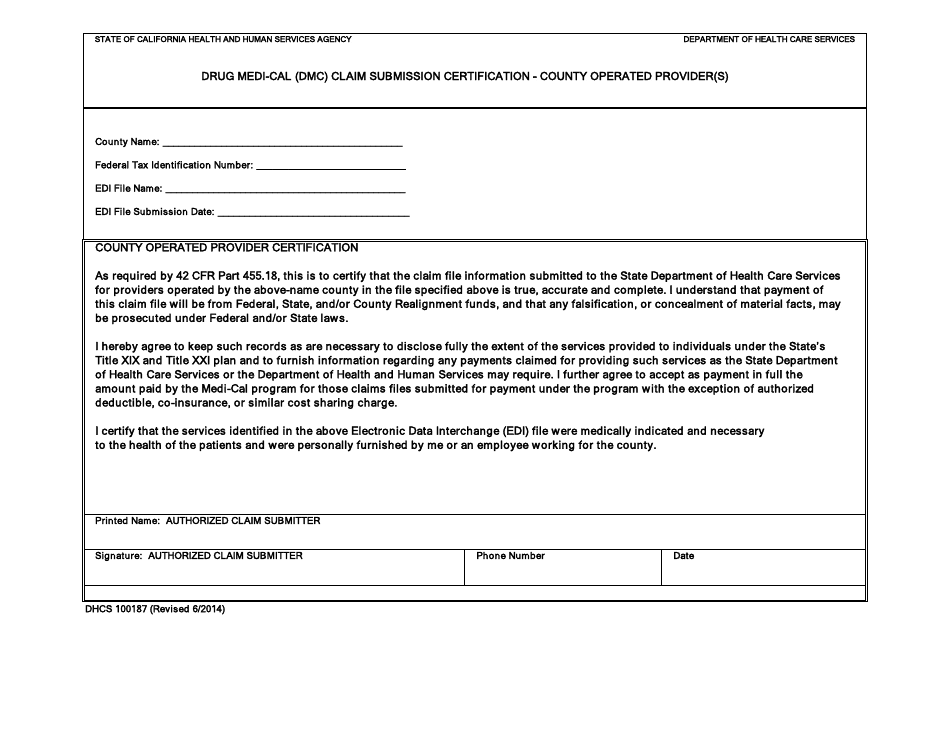 Form DHCS100187 Drug Medi-Cal (Dmc) Claim Submission Certification - County Operated Provider(S) - California, Page 1