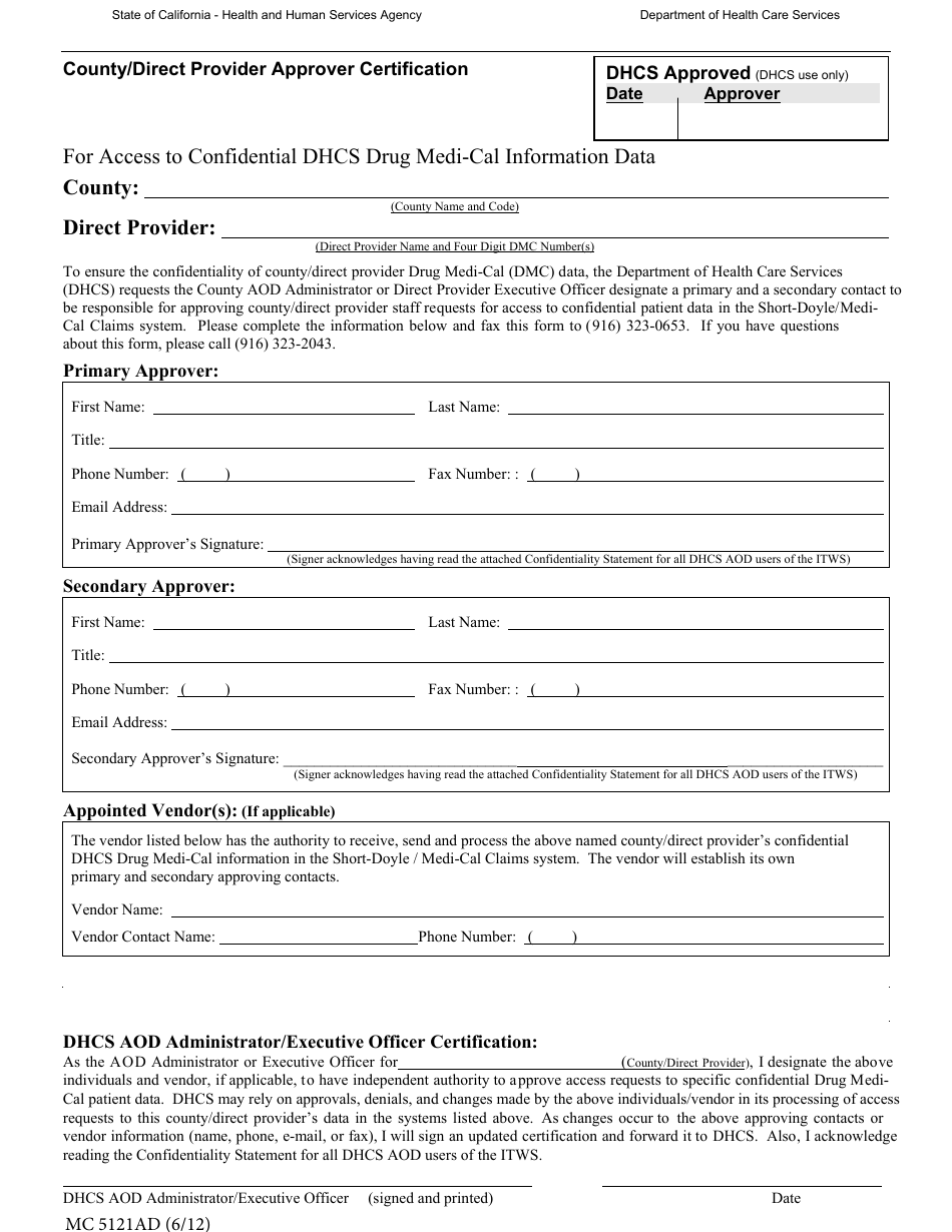 Form MC5121AD County / Direct Provider Approver Certification - California, Page 1