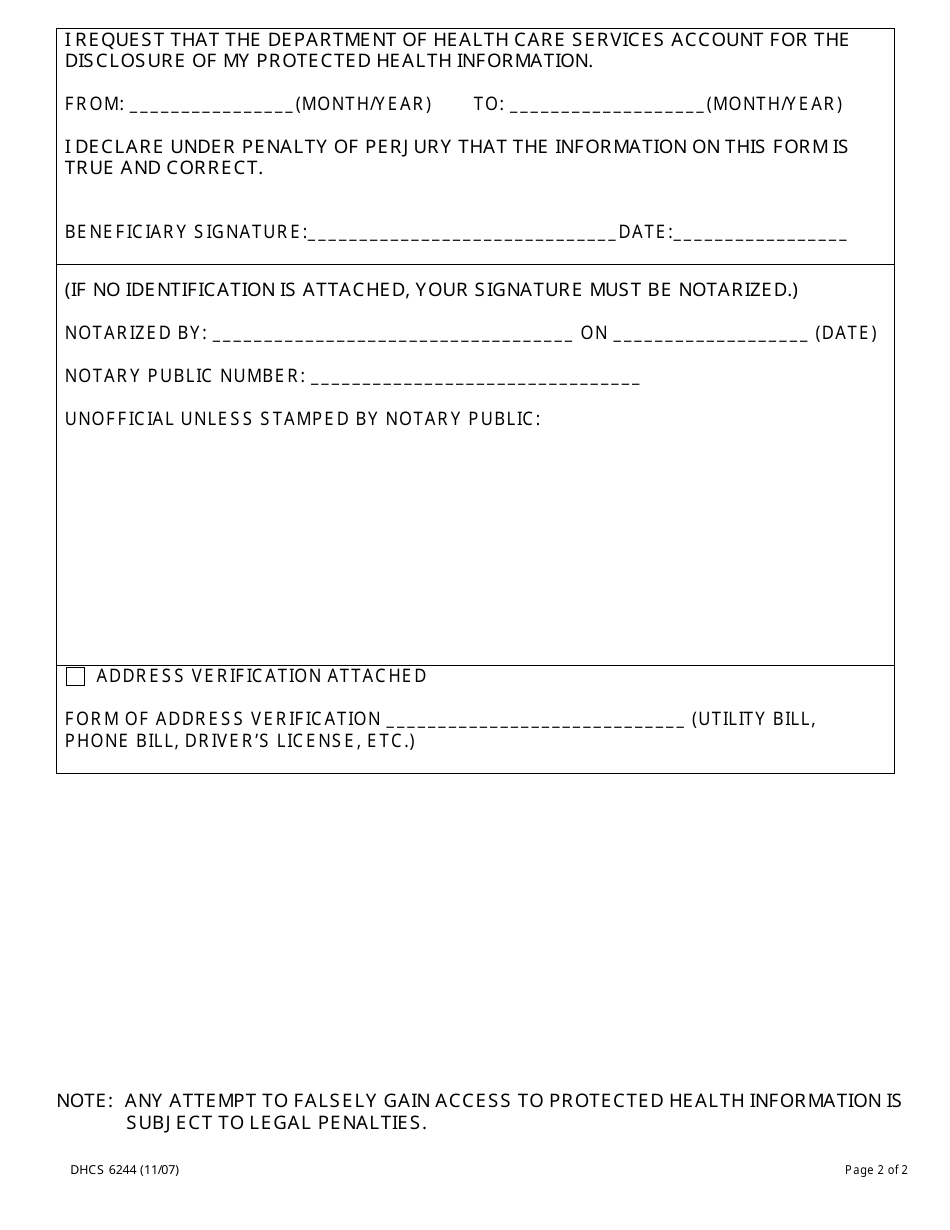 Form DHCS6244 Request for an Accounting of Disclosures of Protected Health Information - California, Page 2