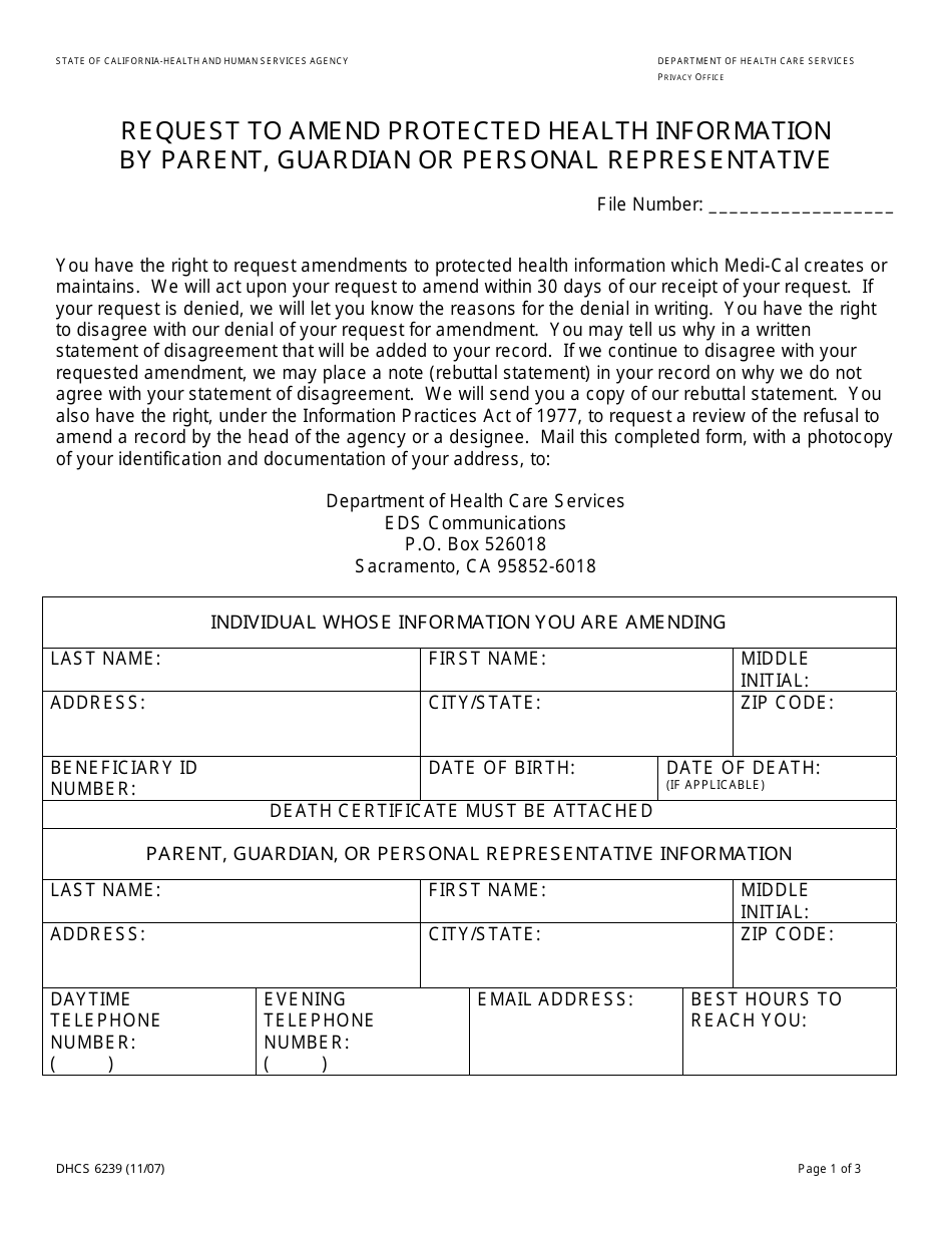 Form DHCS6239 Request to Amend Protected Health Information by Parent, Guardian or Personal Representative - California, Page 1