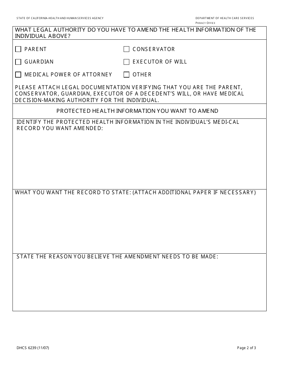 Form DHCS6239 Request to Amend Protected Health Information by Parent, Guardian or Personal Representative - California, Page 2