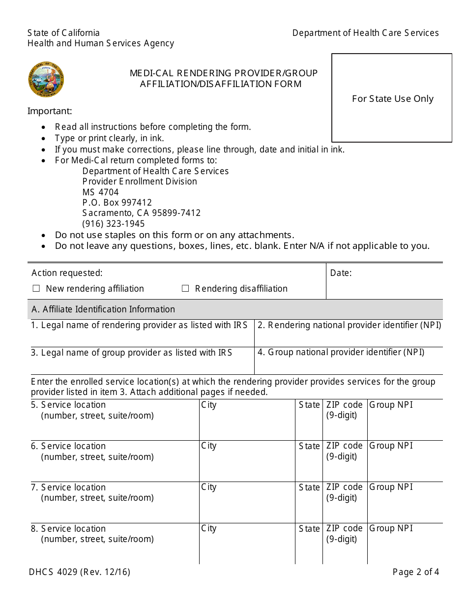 Form DHCS4029 Medi-Cal Rendering Provider / Group Affiliation / Disaffiliation Form - California, Page 2