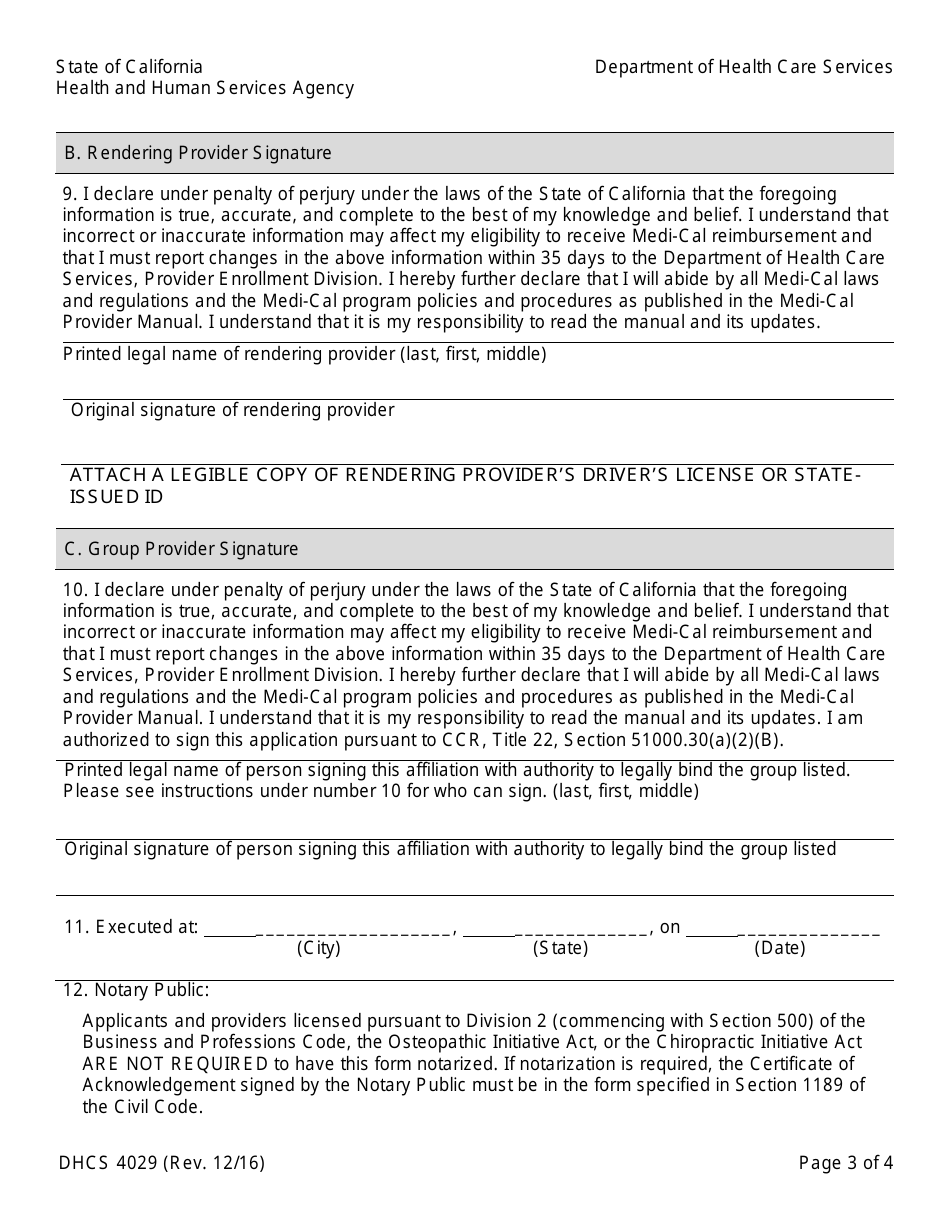 Form DHCS4029 Medi-Cal Rendering Provider / Group Affiliation / Disaffiliation Form - California, Page 3