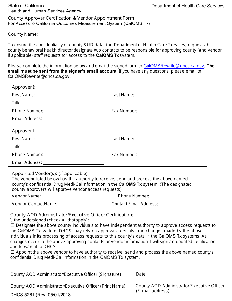 Form DHCS5261 County Approver Certification and Vendor Appointment Form for Access to California Outcomes Measurement System (Caloms Tx) - California, Page 1