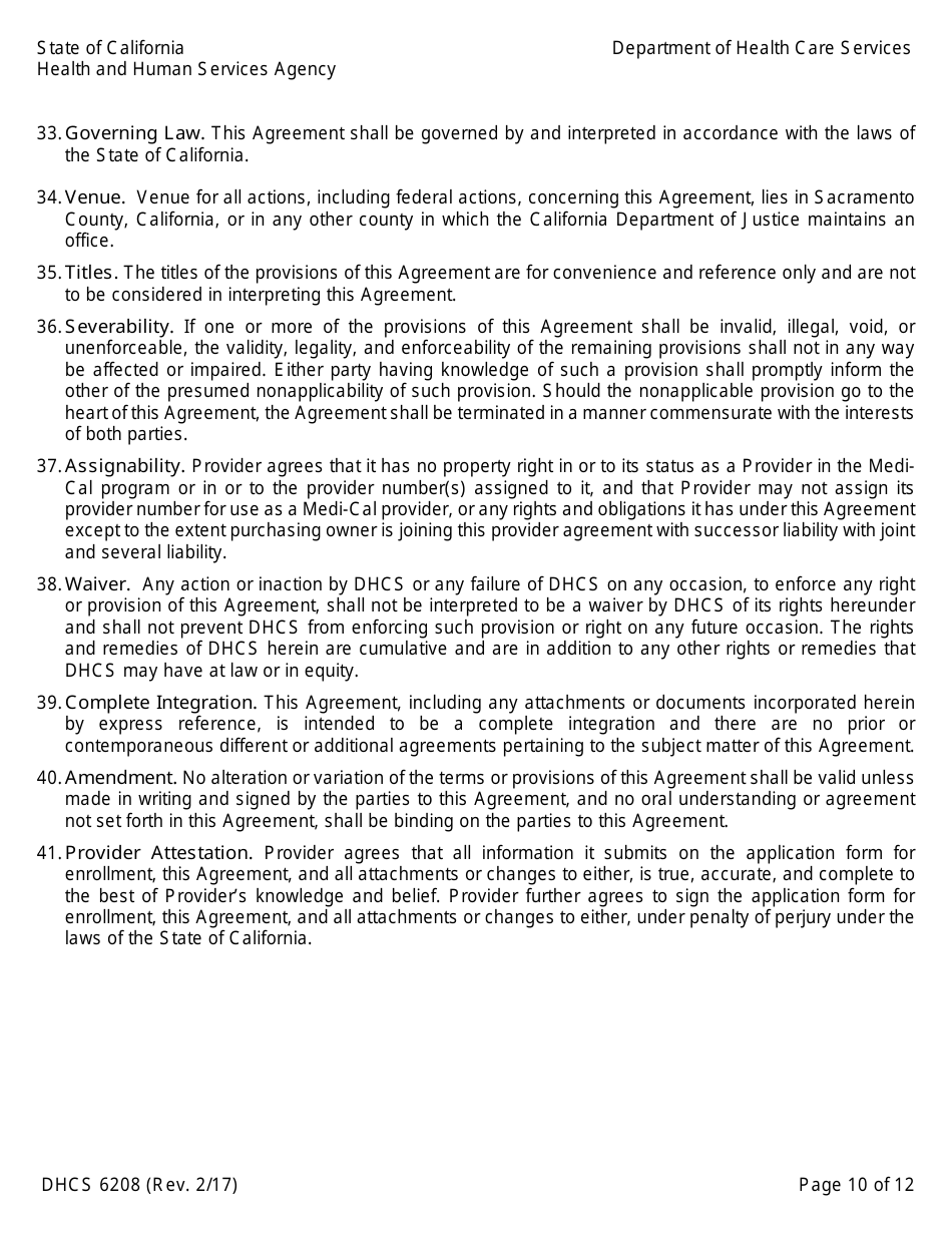 Form DHCS6208 Medi-Cal Provider Agreement (To Accompany Applications for Enrollment or Continued Enrollment) - California, Page 10
