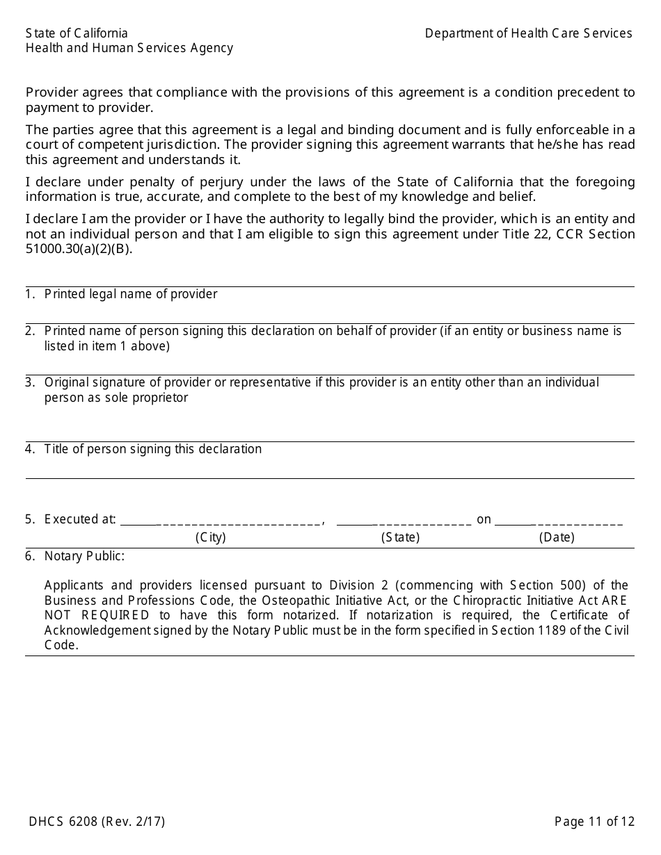 Form DHCS6208 Medi-Cal Provider Agreement (To Accompany Applications for Enrollment or Continued Enrollment) - California, Page 11