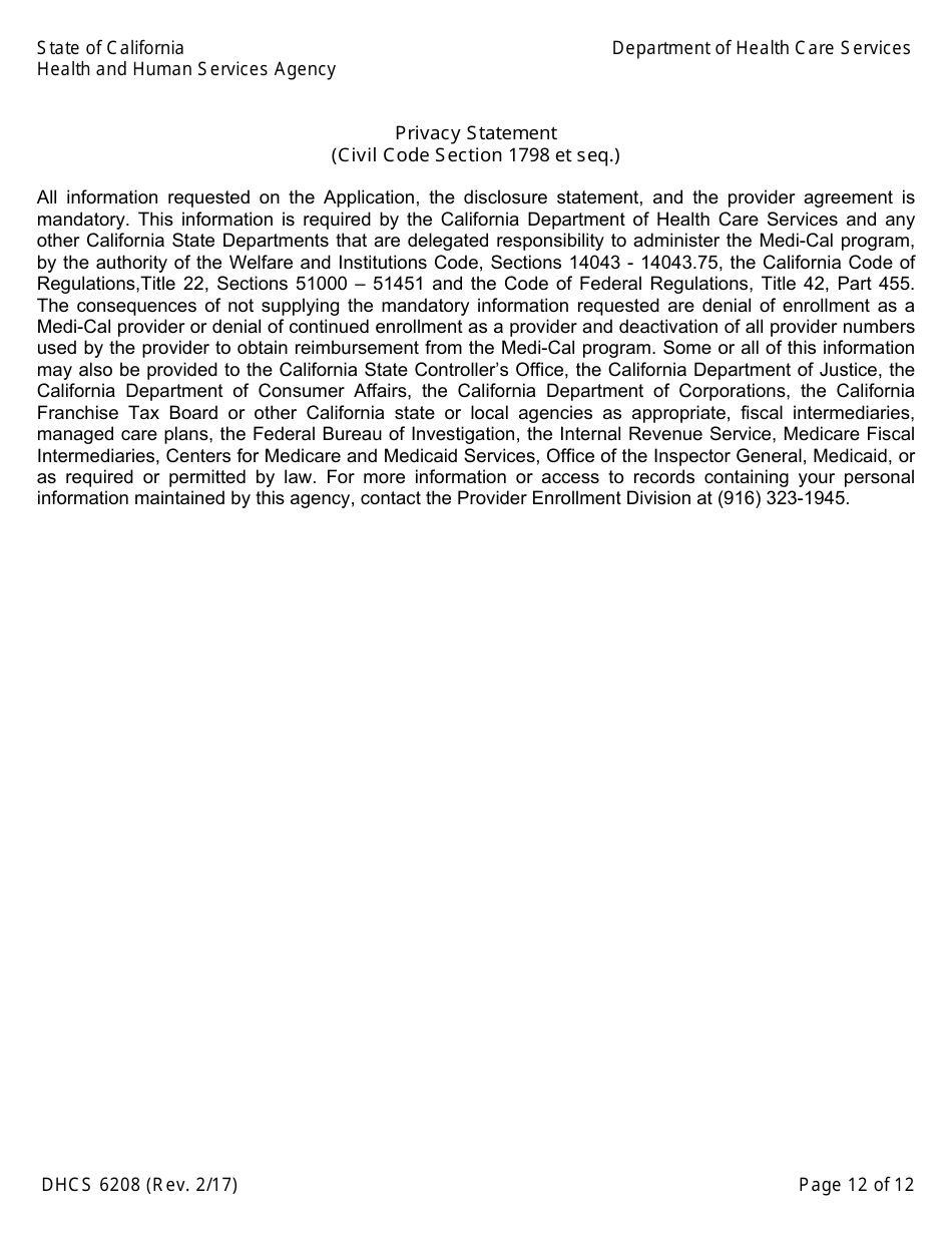 Form DHCS6208 Medi-Cal Provider Agreement (To Accompany Applications for Enrollment or Continued Enrollment) - California, Page 12