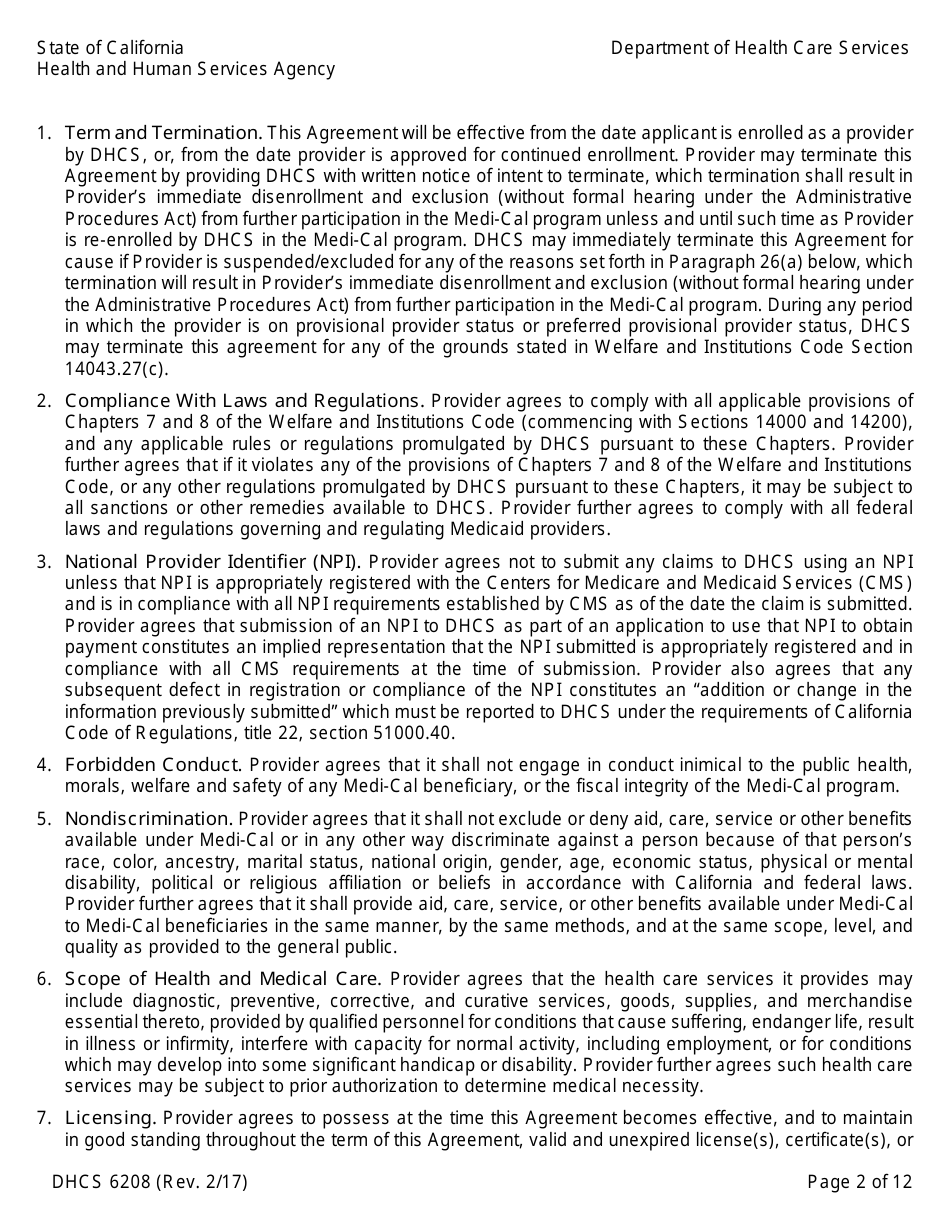 Form DHCS6208 Medi-Cal Provider Agreement (To Accompany Applications for Enrollment or Continued Enrollment) - California, Page 2