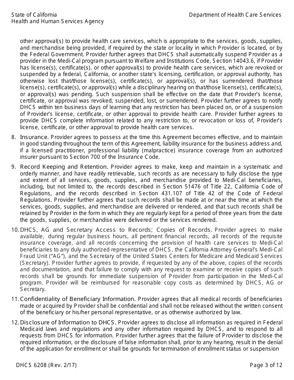 Form DHCS6208 Medi-Cal Provider Agreement (To Accompany Applications for Enrollment or Continued Enrollment) - California, Page 3