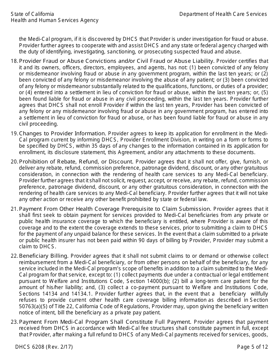Form DHCS6208 Medi-Cal Provider Agreement (To Accompany Applications for Enrollment or Continued Enrollment) - California, Page 5