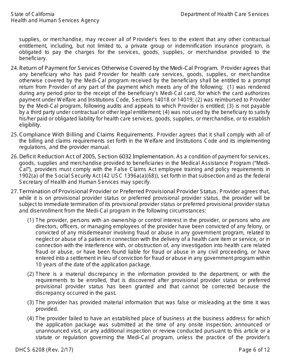 Form DHCS6208 Medi-Cal Provider Agreement (To Accompany Applications for Enrollment or Continued Enrollment) - California, Page 6