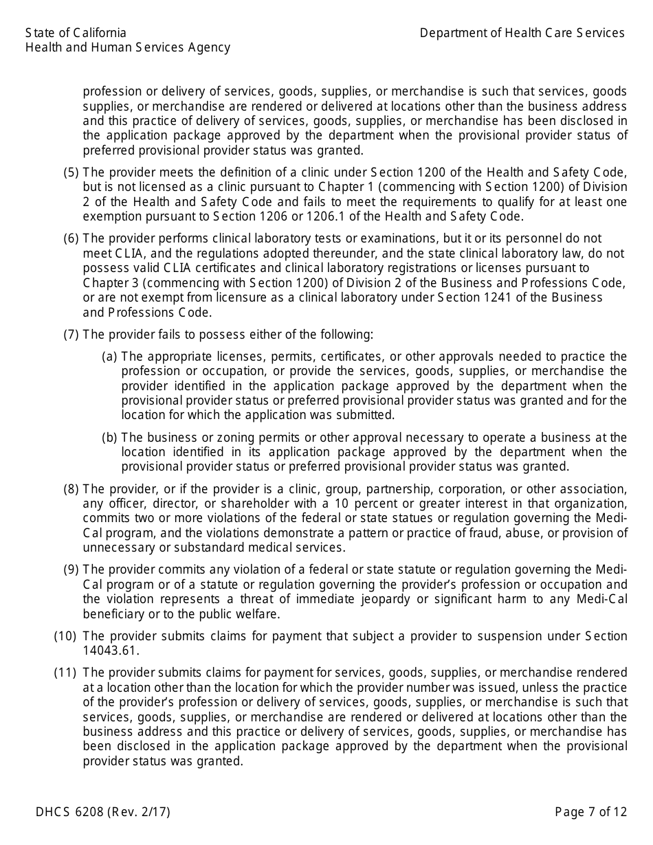 Form DHCS6208 Medi-Cal Provider Agreement (To Accompany Applications for Enrollment or Continued Enrollment) - California, Page 7