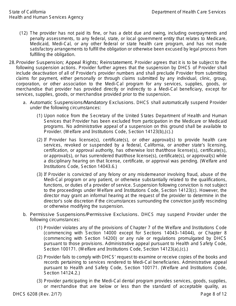 Form DHCS6208 Medi-Cal Provider Agreement (To Accompany Applications for Enrollment or Continued Enrollment) - California, Page 8