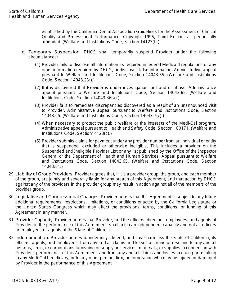 Form DHCS6208 Medi-Cal Provider Agreement (To Accompany Applications for Enrollment or Continued Enrollment) - California, Page 9