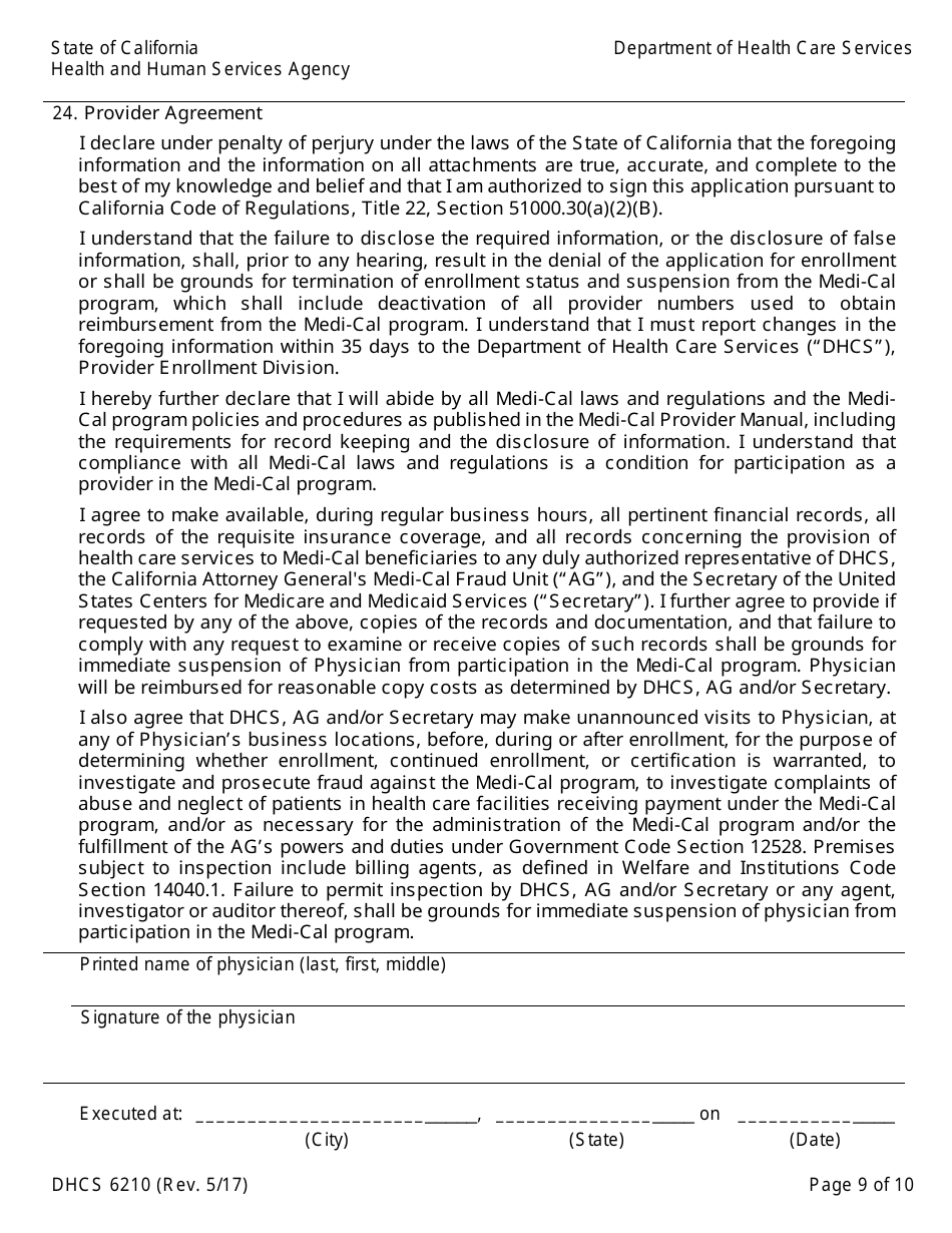 Form DHCS6210 Medi-Cal Physician Application / Agreement - California, Page 11