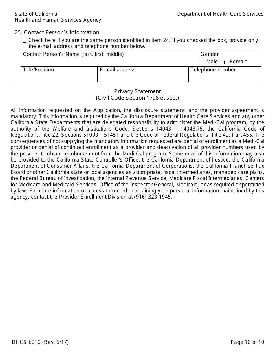 Form DHCS6210 Medi-Cal Physician Application / Agreement - California, Page 12