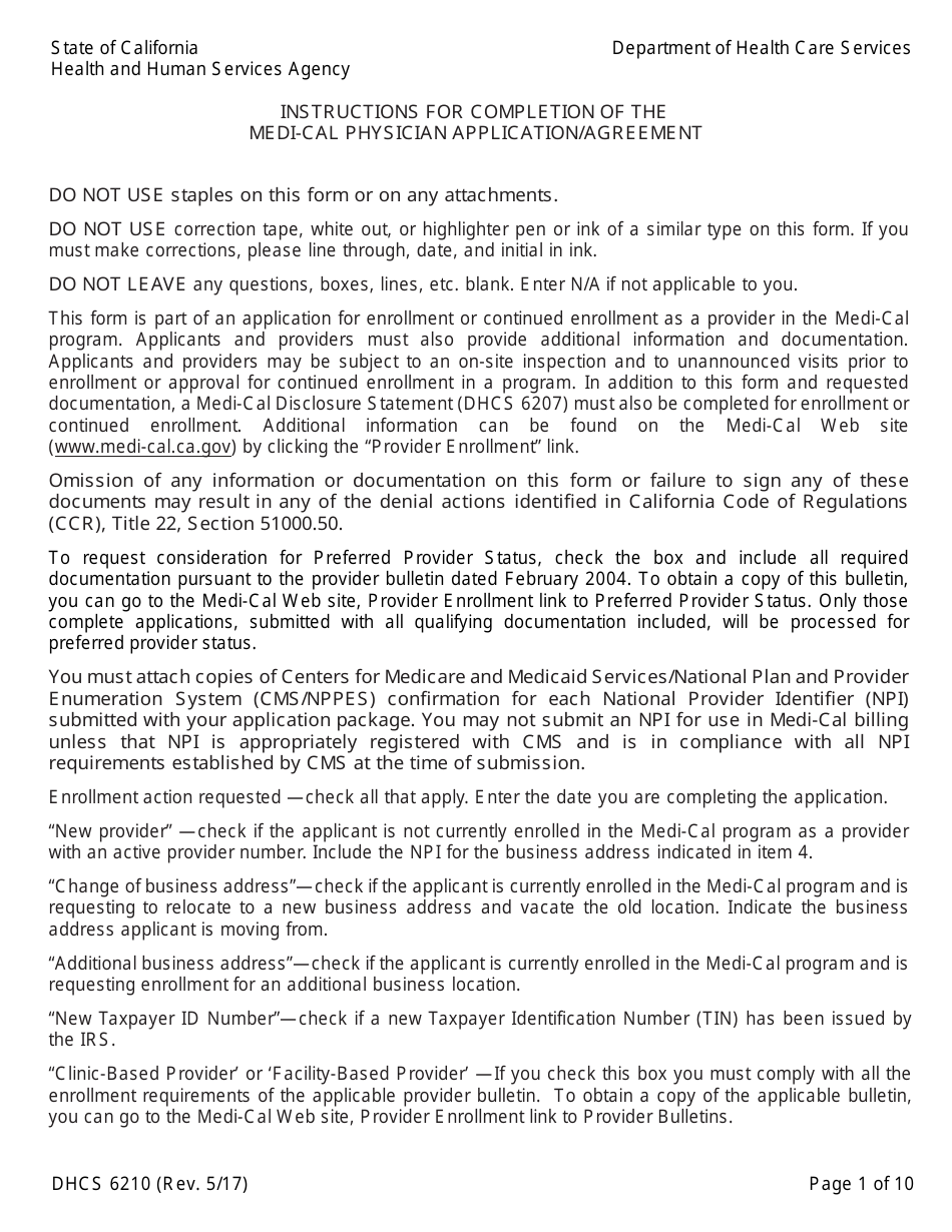 Form DHCS6210 Medi-Cal Physician Application / Agreement - California, Page 3