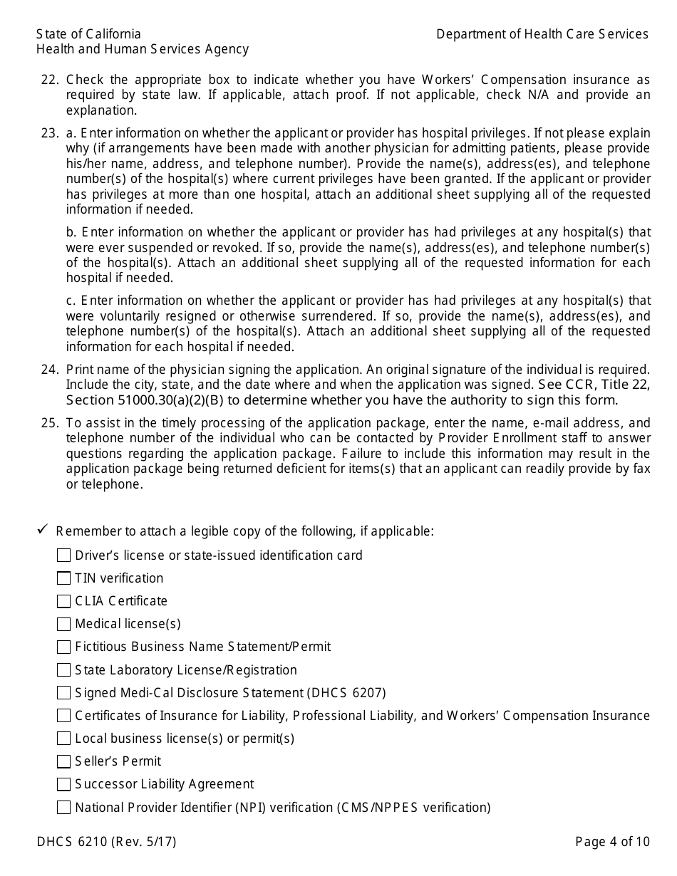 Form DHCS6210 Medi-Cal Physician Application / Agreement - California, Page 6