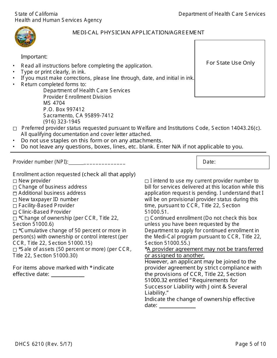 Form DHCS6210 Medi-Cal Physician Application / Agreement - California, Page 7