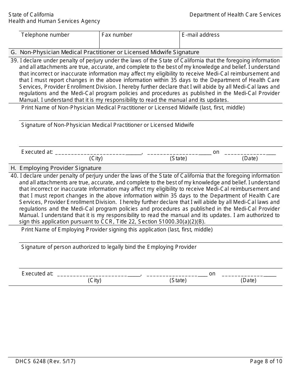 Form DHCS6248 Medi-Cal Non-physician Medical Practitioner and Licensed Midwife Application - California, Page 10