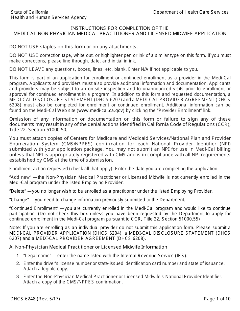 Form DHCS6248 Medi-Cal Non-physician Medical Practitioner and Licensed Midwife Application - California, Page 3