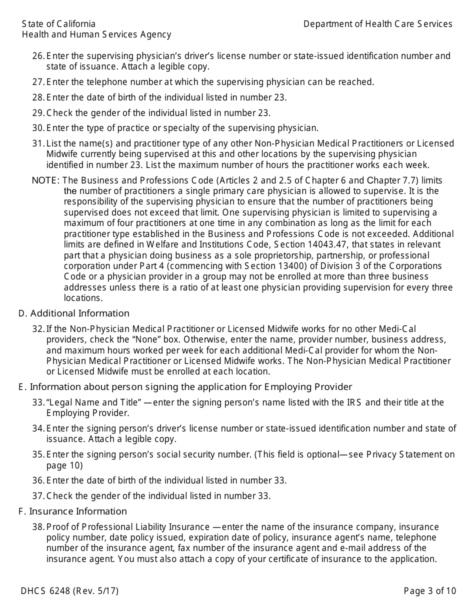 Form DHCS6248 Medi-Cal Non-physician Medical Practitioner and Licensed Midwife Application - California, Page 5