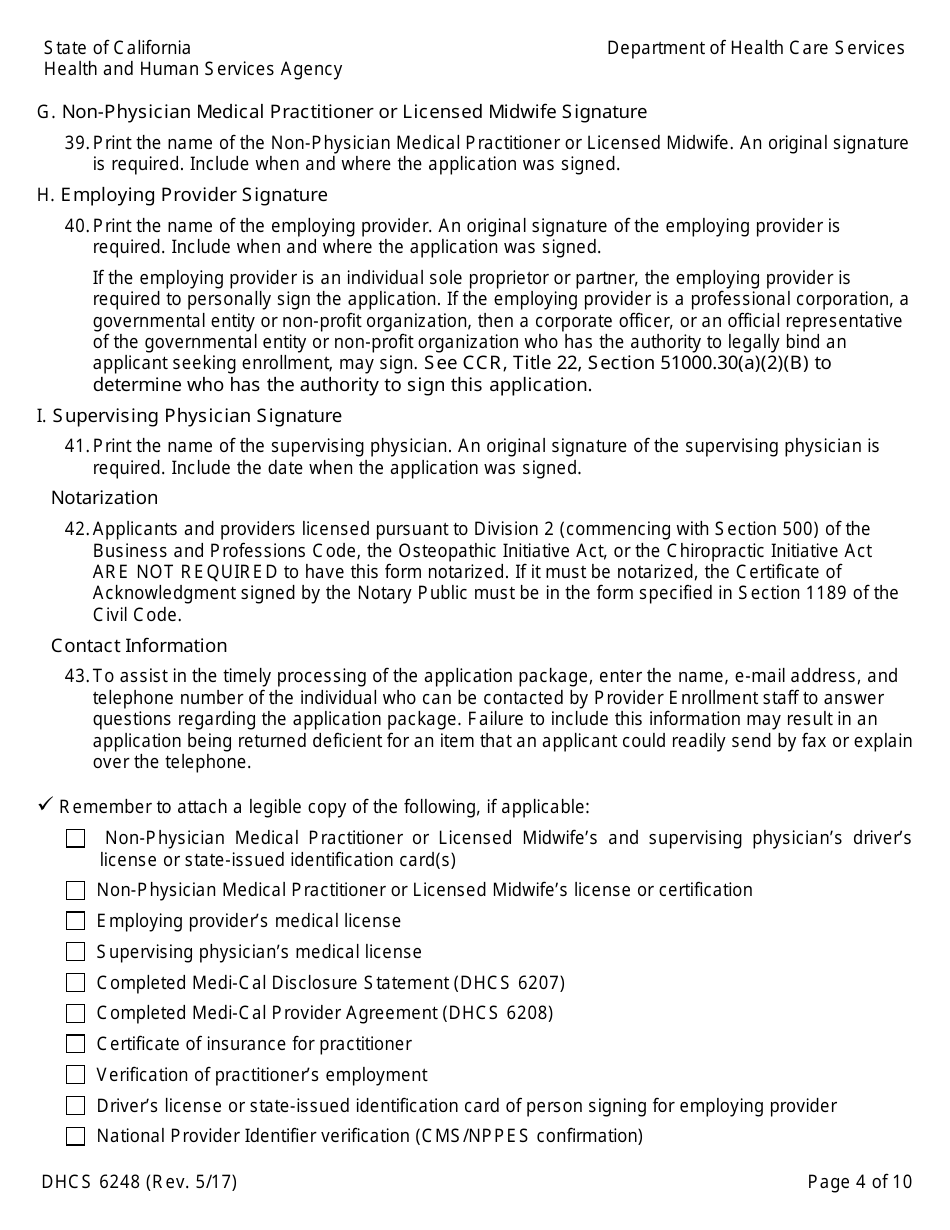 Form DHCS6248 Medi-Cal Non-physician Medical Practitioner and Licensed Midwife Application - California, Page 6