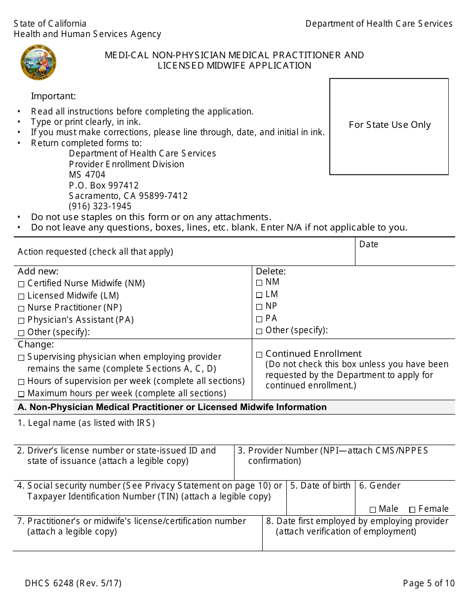 Form DHCS6248 Medi-Cal Non-physician Medical Practitioner and Licensed Midwife Application - California, Page 7