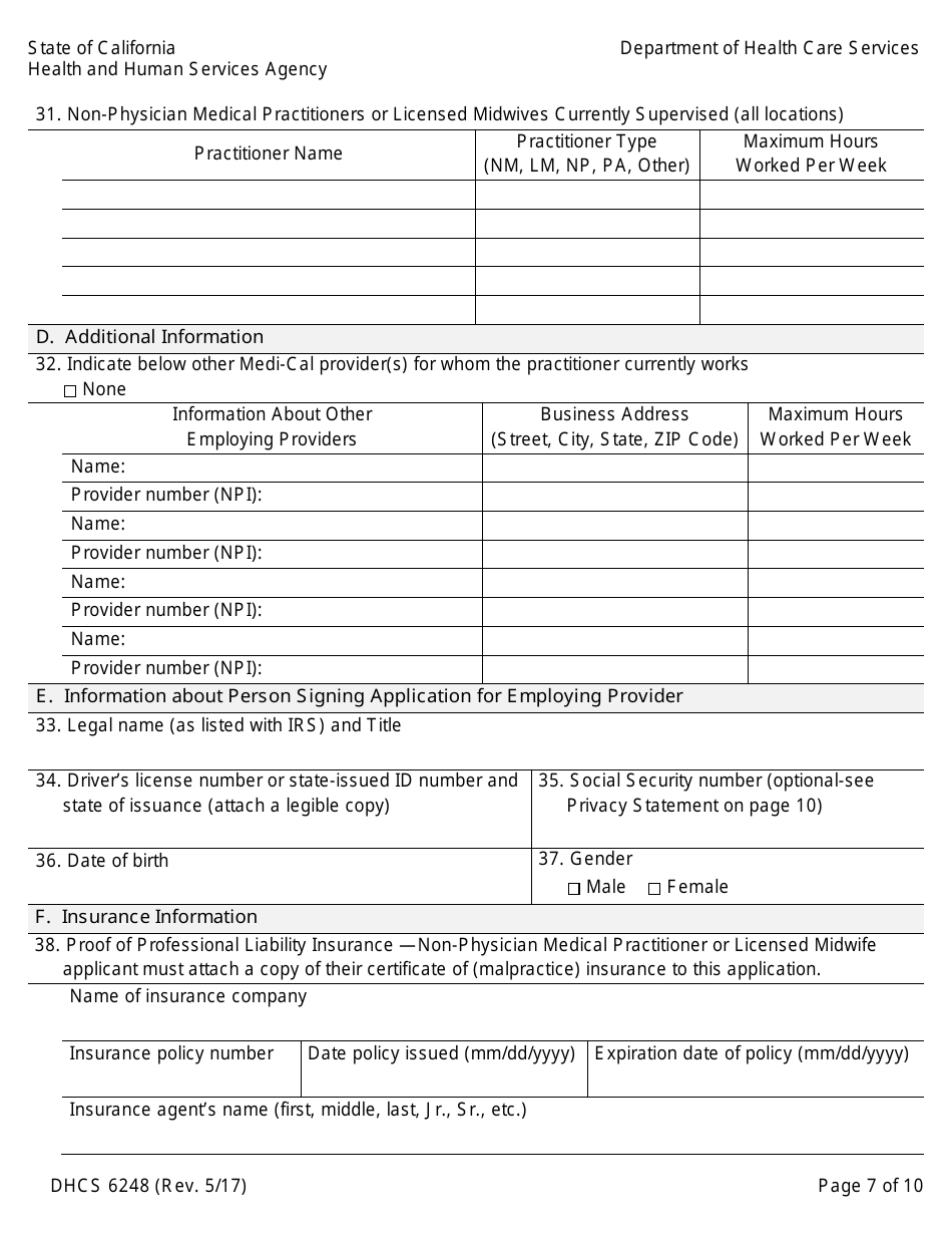 Form DHCS6248 Medi-Cal Non-physician Medical Practitioner and Licensed Midwife Application - California, Page 9
