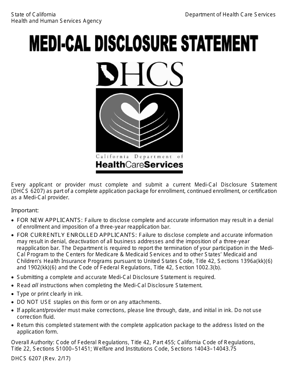 Form DHCS6207 Medi-Cal Disclosure Statement - California, Page 1