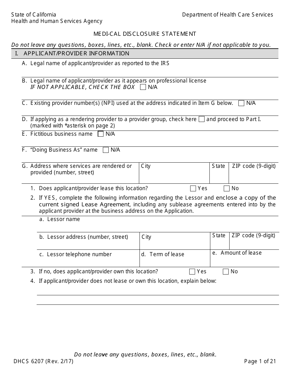 Form DHCS6207 Medi-Cal Disclosure Statement - California, Page 6