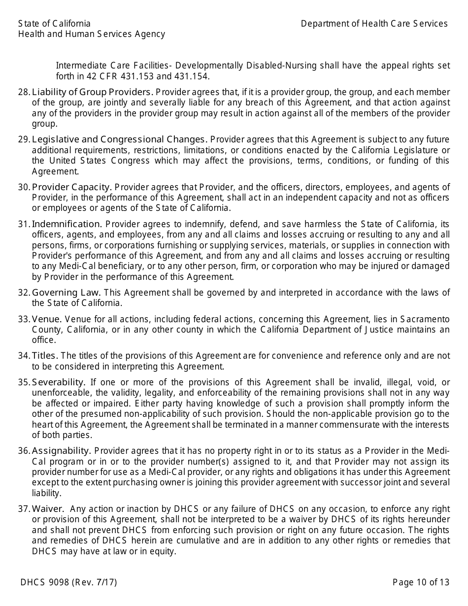 Form DHCS9098 Medi-Cal Provider Agreement (Institutional Provider) - California, Page 10