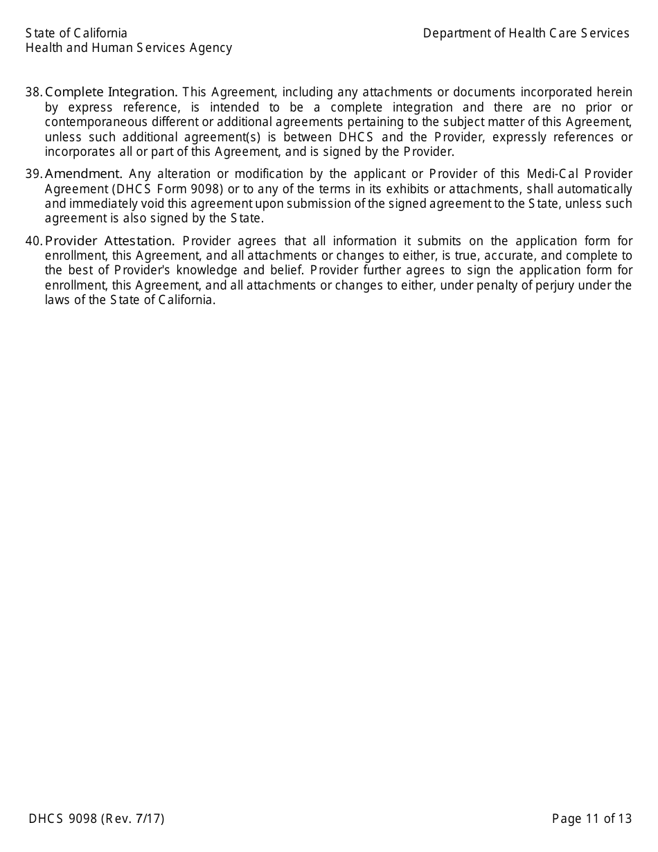 Form DHCS9098 Medi-Cal Provider Agreement (Institutional Provider) - California, Page 11