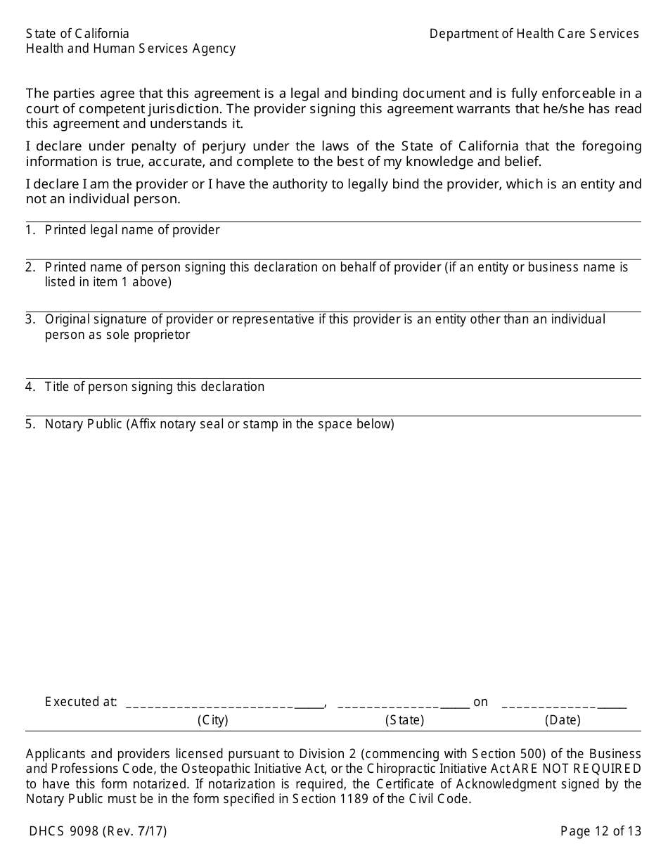 Form DHCS9098 Medi-Cal Provider Agreement (Institutional Provider) - California, Page 12