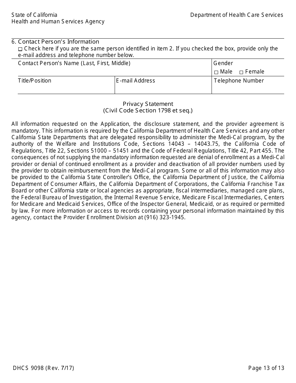 Form DHCS9098 Medi-Cal Provider Agreement (Institutional Provider) - California, Page 13