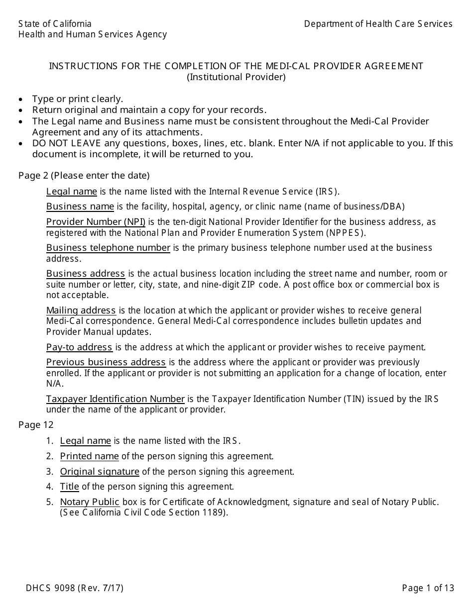 Form DHCS9098 Medi-Cal Provider Agreement (Institutional Provider) - California, Page 1