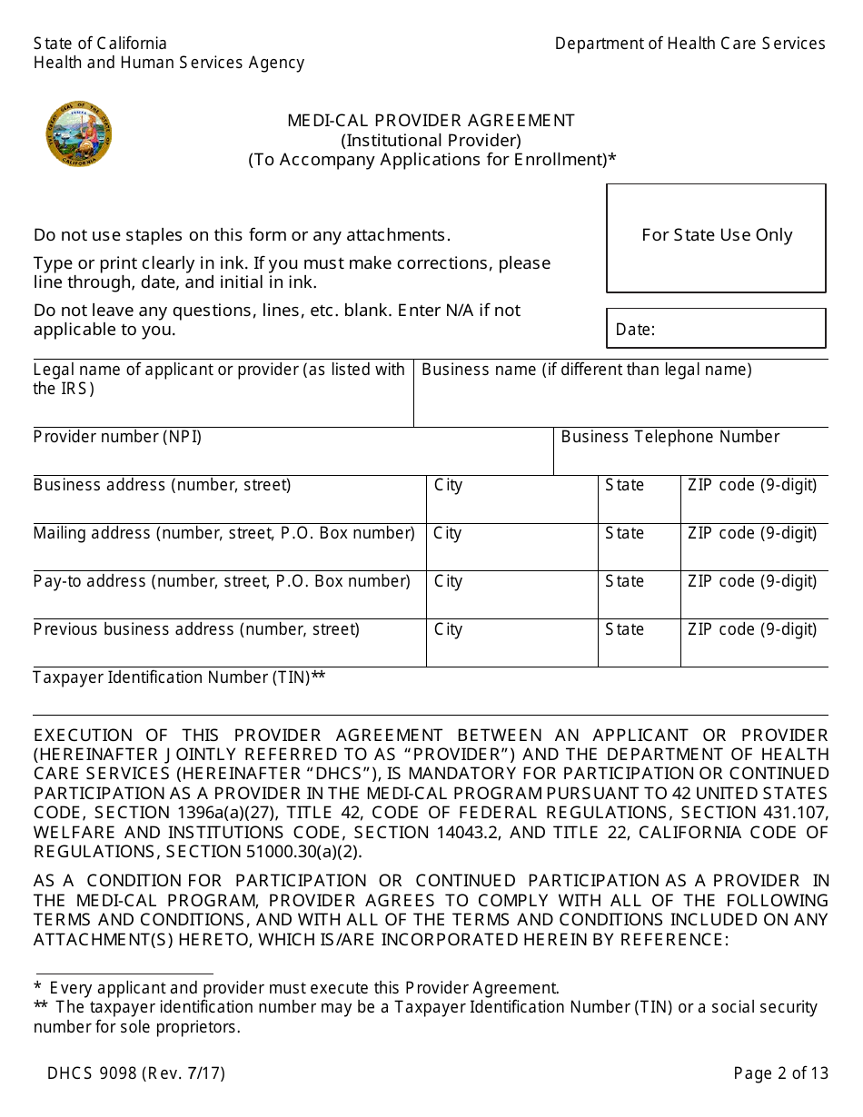 Form DHCS9098 Medi-Cal Provider Agreement (Institutional Provider) - California, Page 2