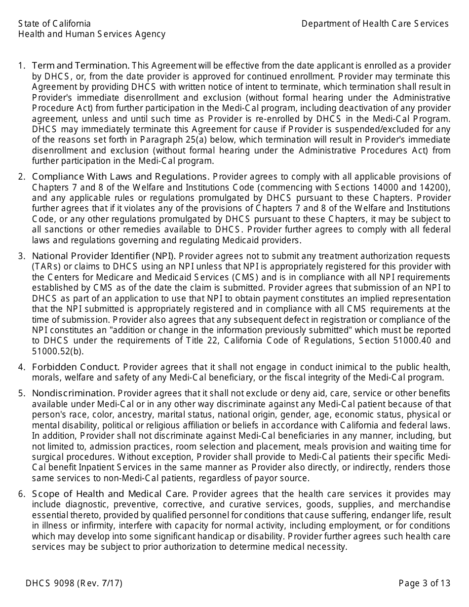 Form DHCS9098 Medi-Cal Provider Agreement (Institutional Provider) - California, Page 3