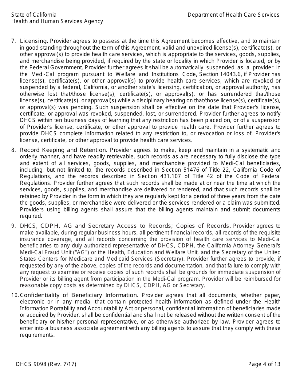 Form DHCS9098 Medi-Cal Provider Agreement (Institutional Provider) - California, Page 4
