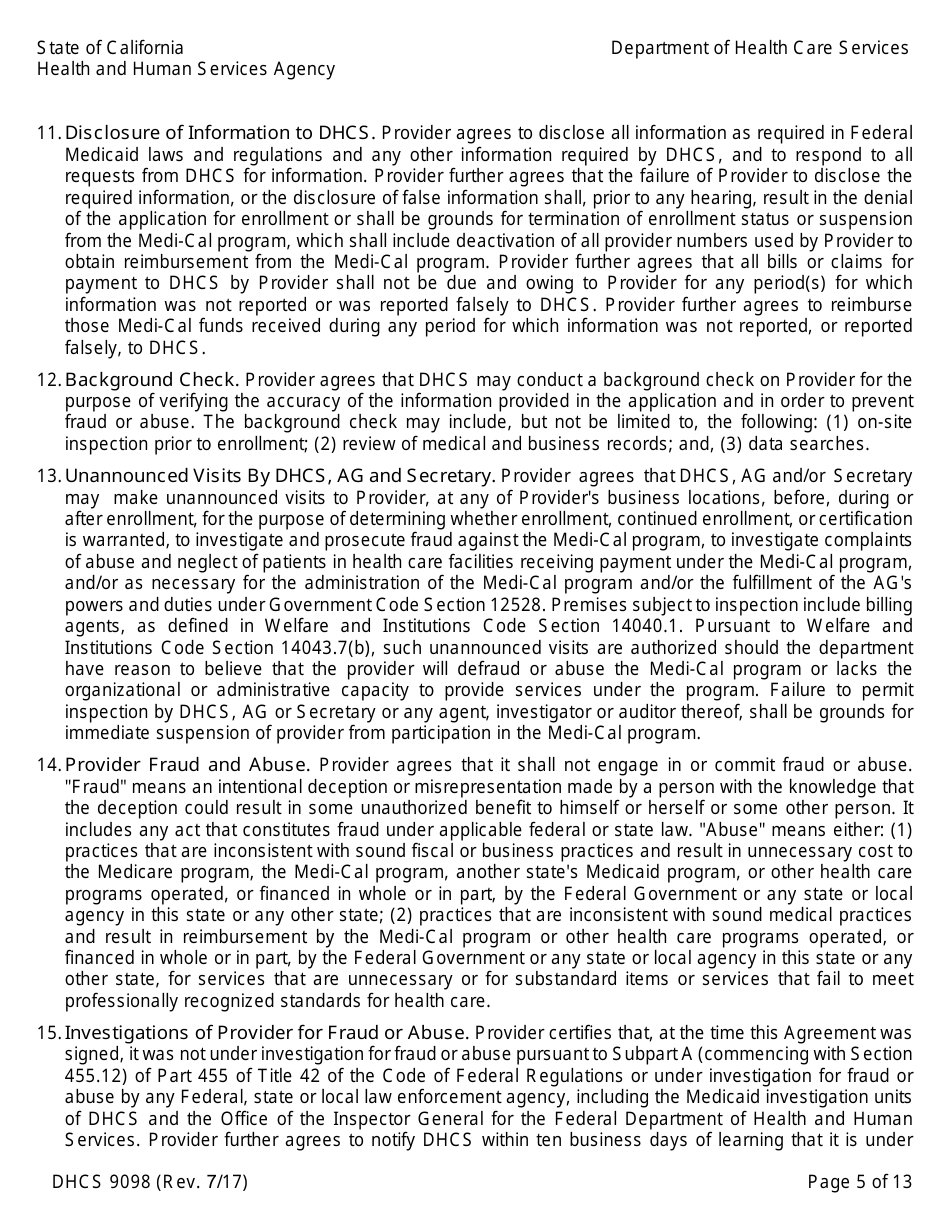 Form DHCS9098 Medi-Cal Provider Agreement (Institutional Provider) - California, Page 5