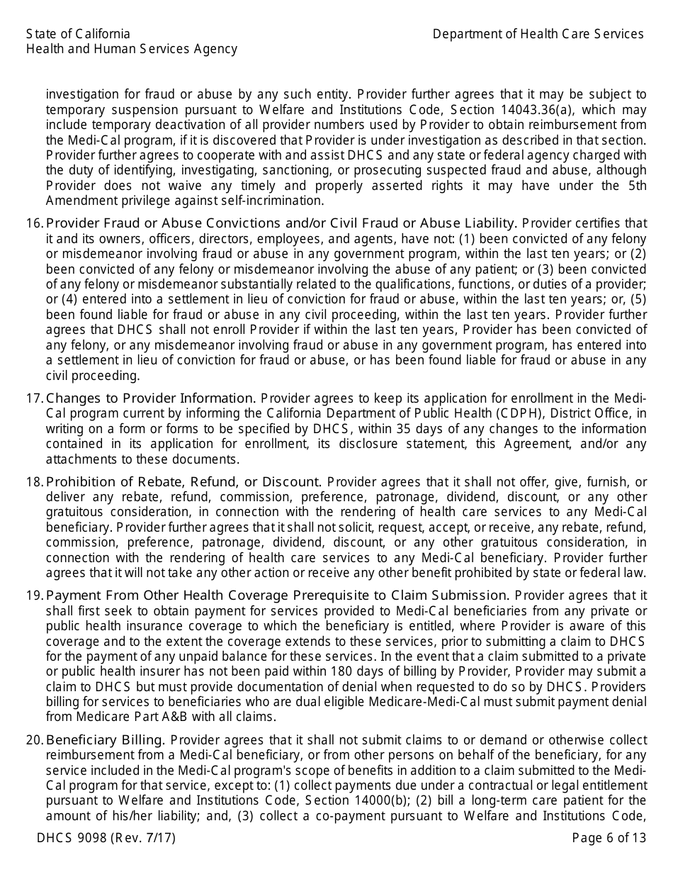 Form DHCS9098 Medi-Cal Provider Agreement (Institutional Provider) - California, Page 6