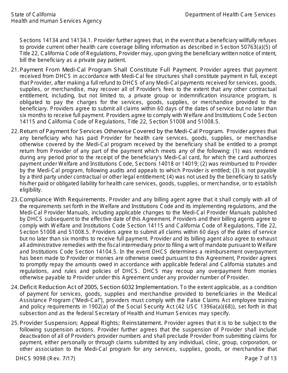 Form DHCS9098 Medi-Cal Provider Agreement (Institutional Provider) - California, Page 7
