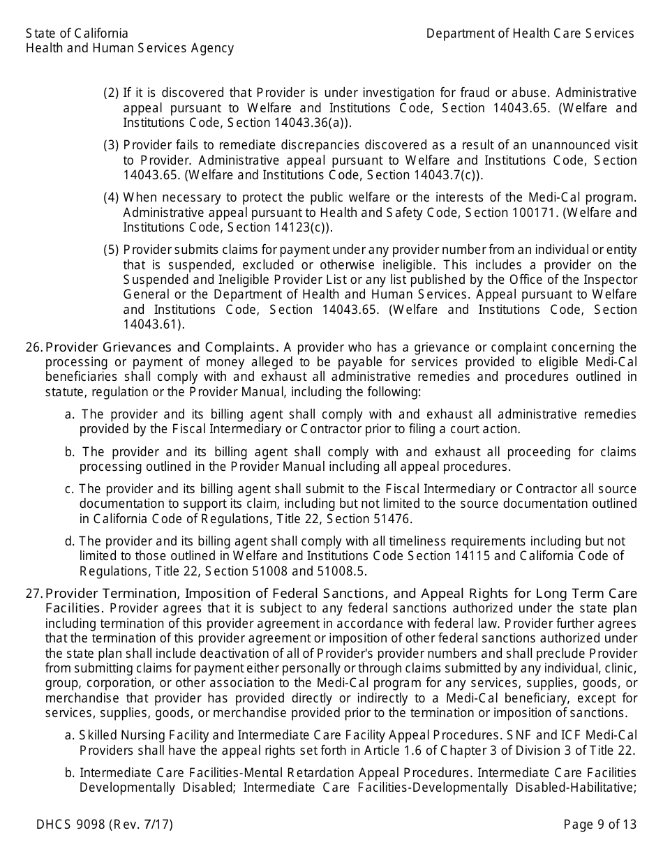 Form DHCS9098 Medi-Cal Provider Agreement (Institutional Provider) - California, Page 9