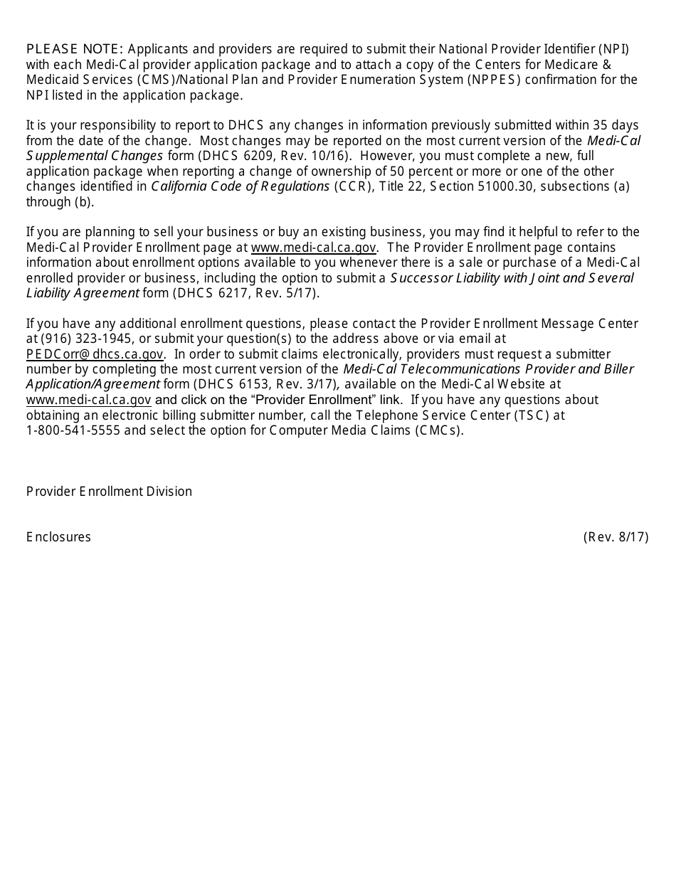 Form DHCS9096 Medi-Cal Change of Location Form for Individual Physician or Individual Dentist Practices Relocating Within the Same County - California, Page 2