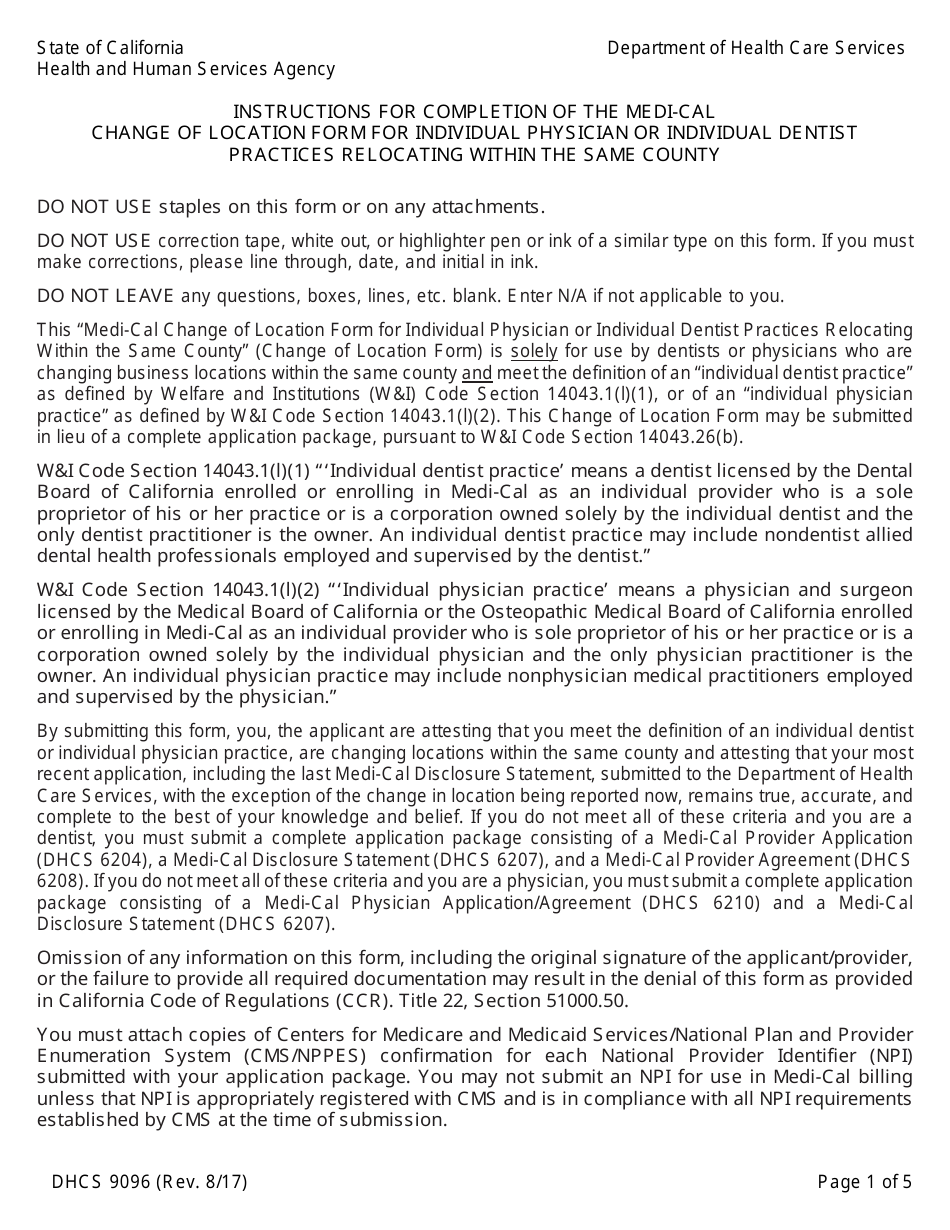 Form DHCS9096 Medi-Cal Change of Location Form for Individual Physician or Individual Dentist Practices Relocating Within the Same County - California, Page 3