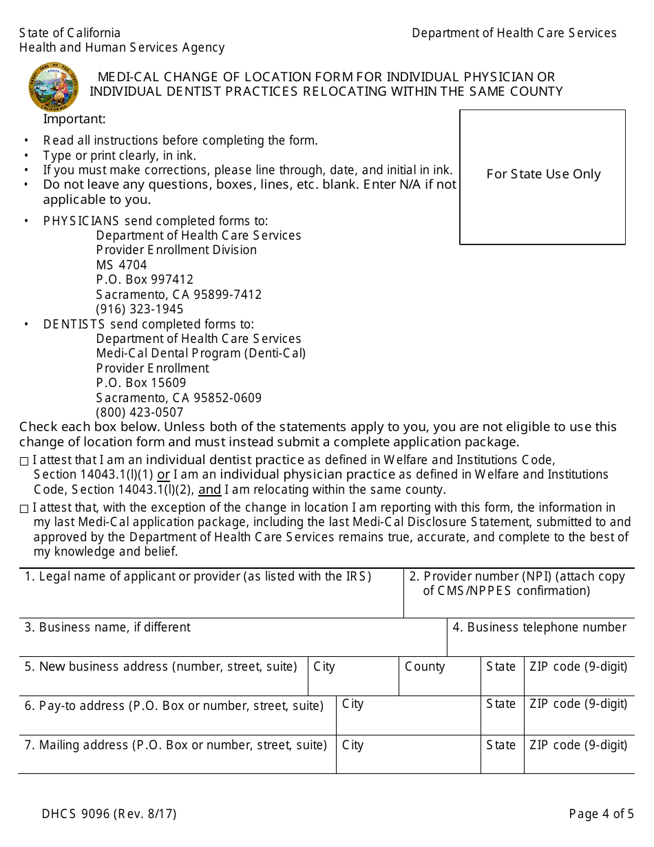 Form DHCS9096 Medi-Cal Change of Location Form for Individual Physician or Individual Dentist Practices Relocating Within the Same County - California, Page 6