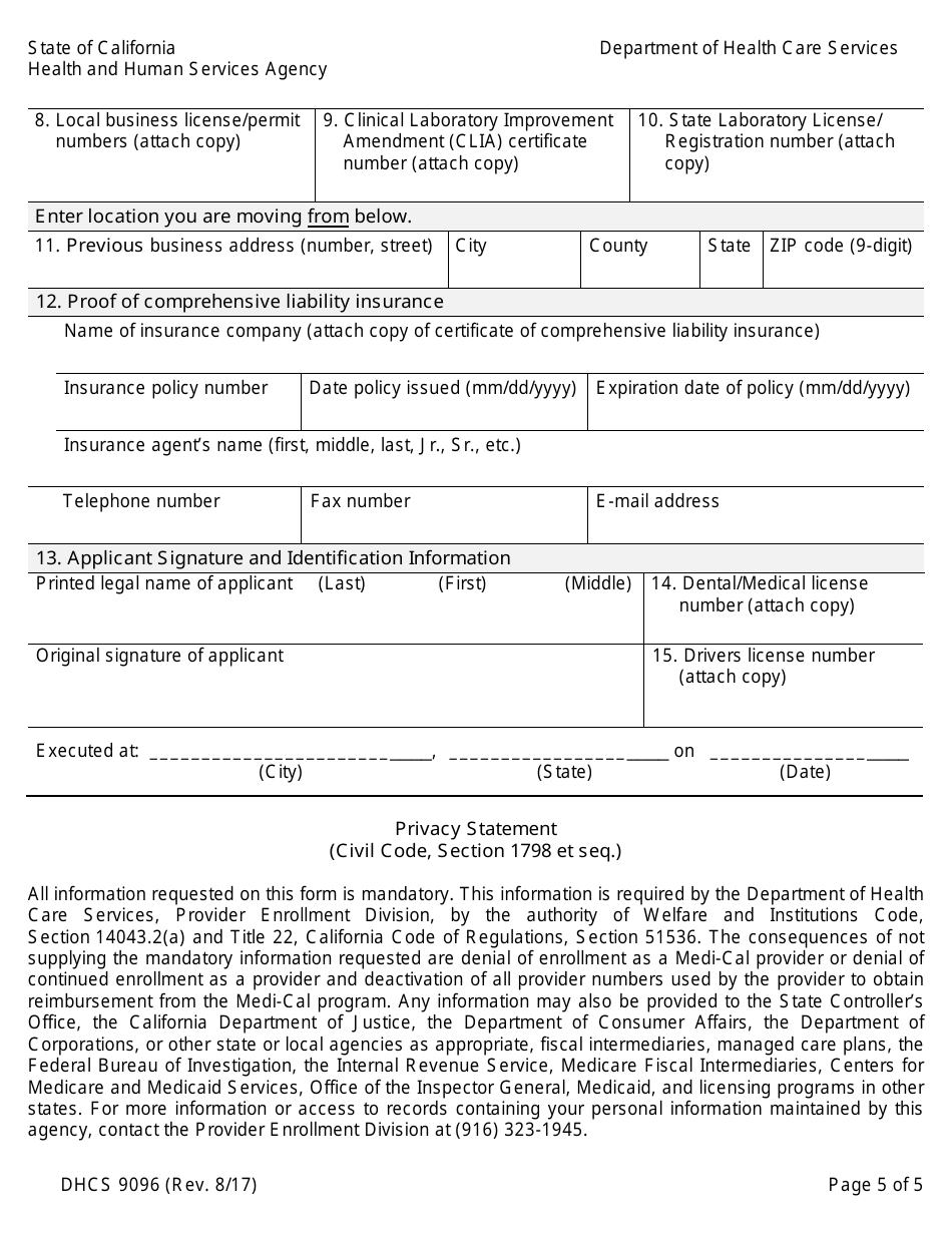 Form DHCS9096 Medi-Cal Change of Location Form for Individual Physician or Individual Dentist Practices Relocating Within the Same County - California, Page 7